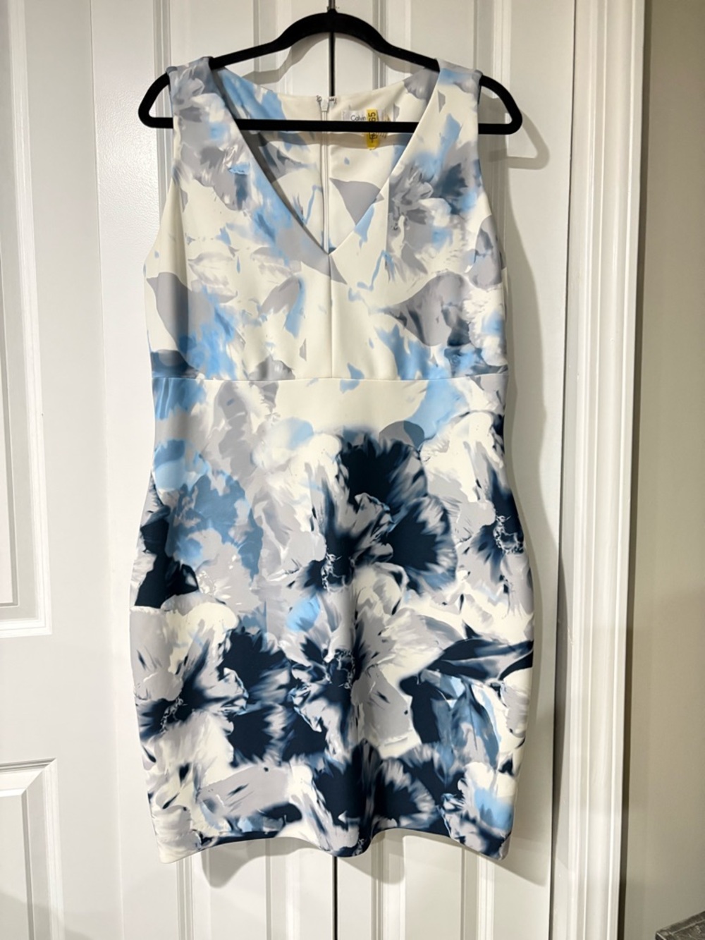 Calvin Klein White Dress with Soft florals in blue, grey and white